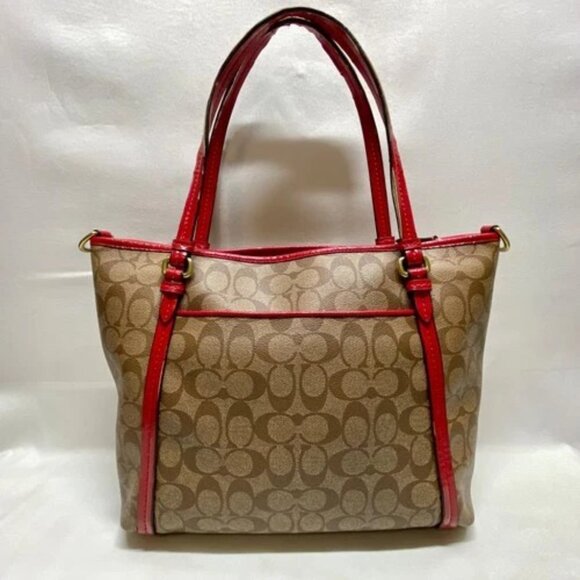 Coach Peyton Signature Large Pocket Tote Khaki Red Trim Rare F25504 Worn Handles - Picture 2 of 15